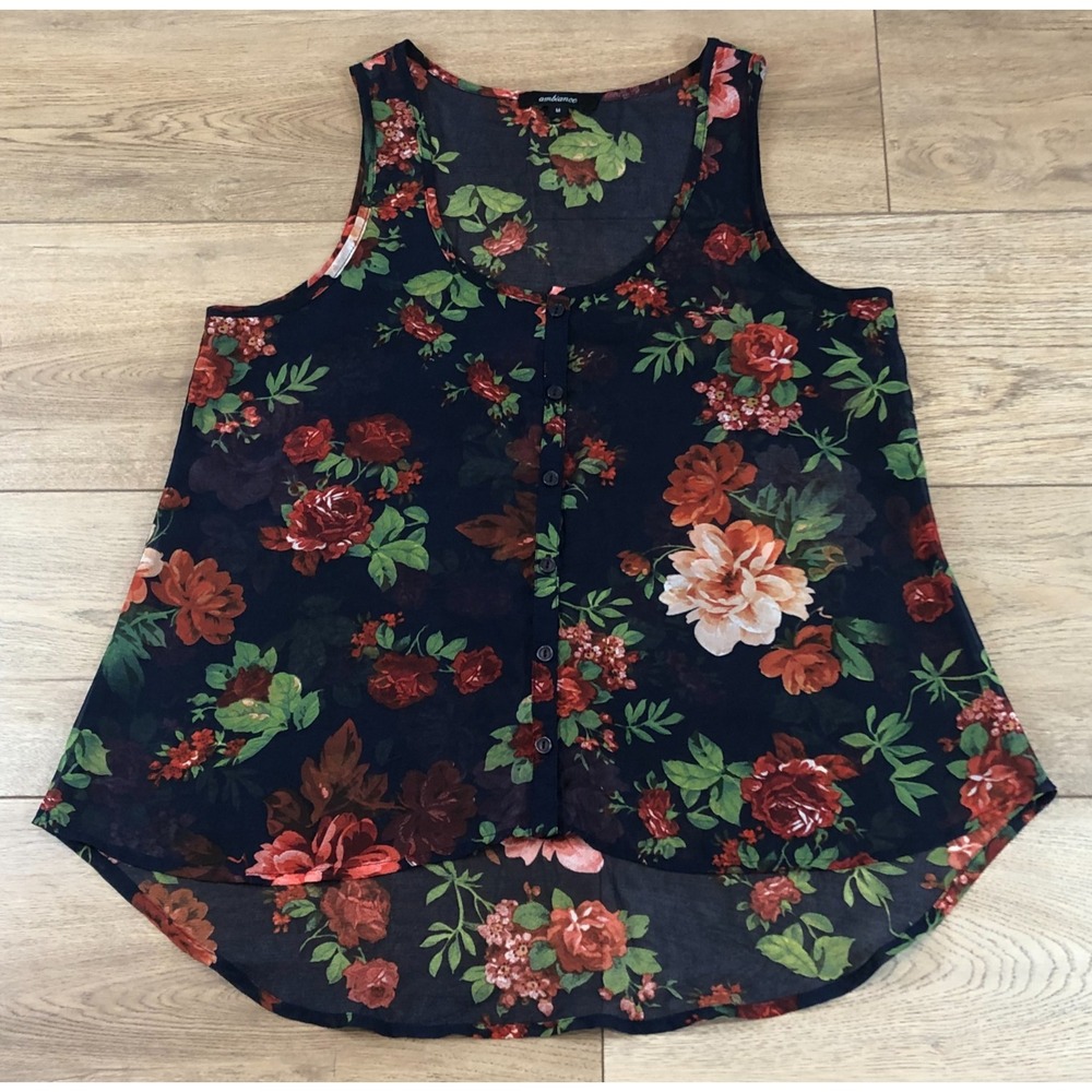 Ambiance Tank Top Blouse Women‎ M Sheer Blue Floral Fairy Whimsy Flowy Hi-Low